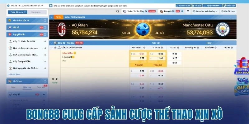 Bong88 cung cấp sảnh cược thể thao xịn xò