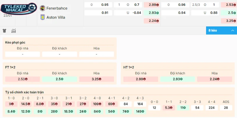 Cửa đặt sáng vào tiền trong trận Fenerbahce vs Aston Villa
