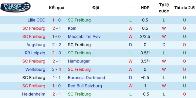 Kết quả những lần ra sân gần đây của Freiburg