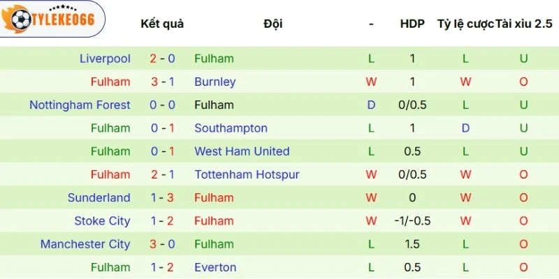  Phong độ thi đấu của Fulham